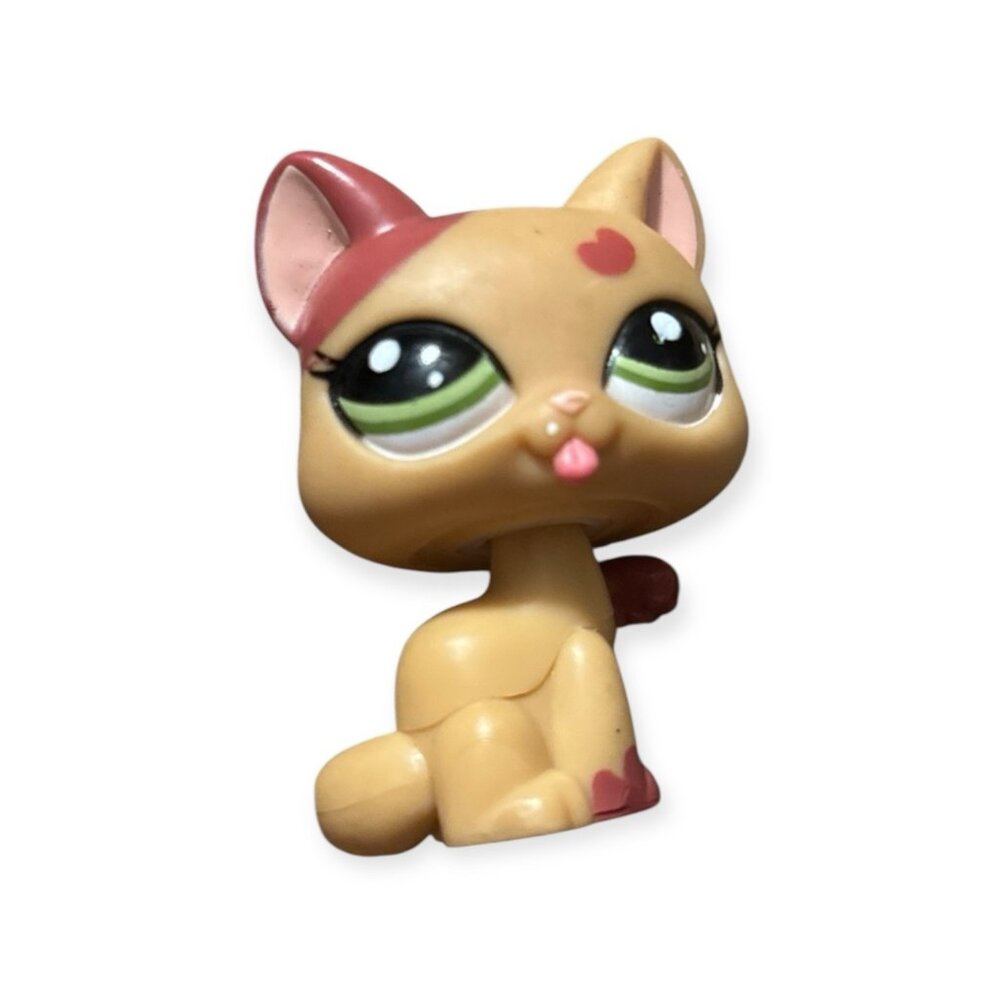 AUTHENTIC Littlest Pet Shop MAUVE TAN HEART Licking Paw Cat GREEN Eyes  #12561B